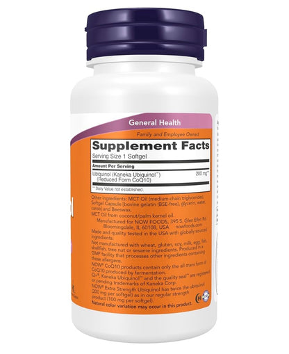 NOW Extra Strength Ubiquinol 200 mg | High Bioavailability ~ Active Form of CoQ10 | Supports Cardiovascular Health | 60 Softgels; Exp 06/2029