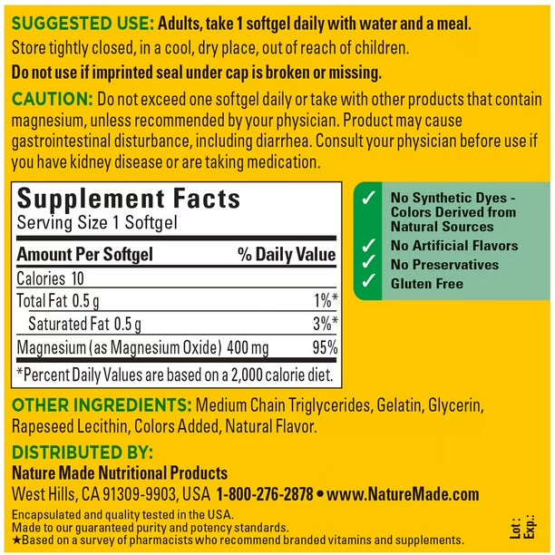Nature Made Extra Strength Magnesium Oxide 400mg | 5-Month Supply | Supports Nerve, Heart, Bone health & Muscle Relaxation | 150 Softgels; Exp 03/2028