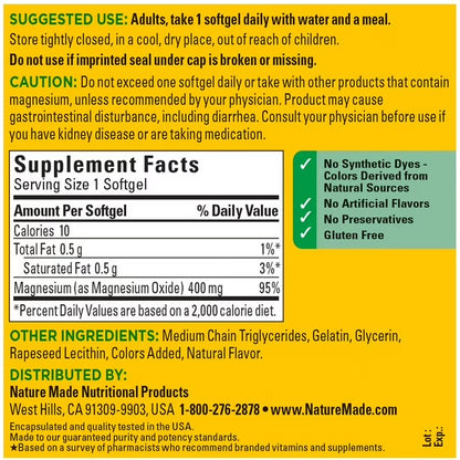 Nature Made Extra Strength Magnesium Oxide 400mg | 5-Month Supply | Supports Nerve, Heart, Bone health & Muscle Relaxation | 150 Softgels; Exp 03/2028