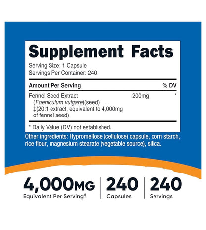 Nutricost Fennel Seed 4,000mg | Promotes Healthy Digestion & Respiratory Function | 240 Capsules; Exp 09/2028
