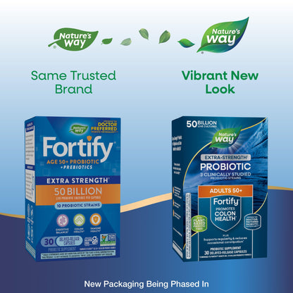 Nature’s Way Fortify Extra Strength Probiotic for Age 50+ | 50 Billion Live Cultures, 11 Strains | with Prebiotics | Supports Digestive Health, Immune Support & Colon Health | 30 Capsules Exp 03/2026