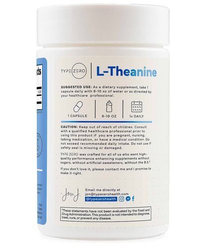 TypeZero L-Theanine 200mg Double Strength | Reduces Stress & Anxiety | Improves Sleep Quality & Mental Focus | 200 Capsules; Exp 07/2028