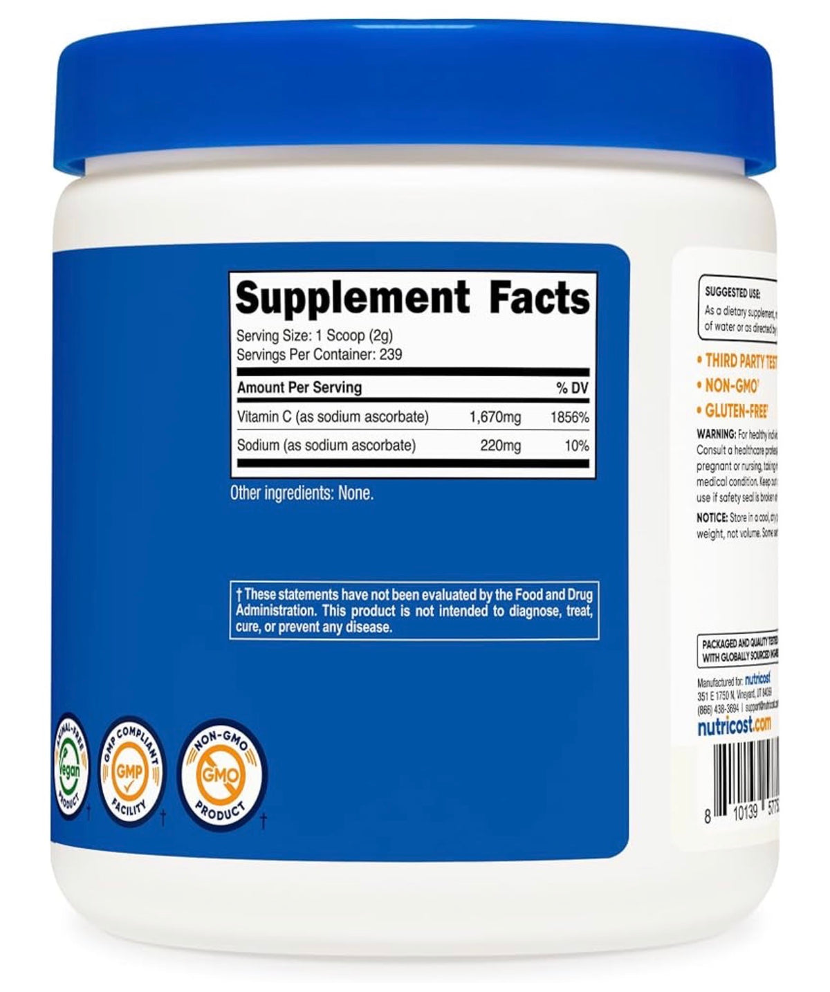 Nutricost Pure Sodium Ascorbate Powder | 2g per Serving | Unflavored; 1 Lb; Exp 09/2028