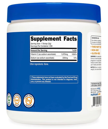 Nutricost Pure Sodium Ascorbate Powder | 2g per Serving | Unflavored; 1 Lb; Exp 09/2028