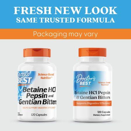 Doctor's Best Betaine HCl (hydrochloride) 650mg | with Pepsin & Gentian Bitters | Digestive Enzymes for Protein Breakdown & Absorption | 120 Capsules; Exp 06/2026 *New Look