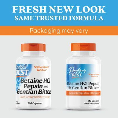 Doctor's Best Betaine HCl (hydrochloride) 650mg | with Pepsin & Gentian Bitters | Digestive Enzymes for Protein Breakdown & Absorption | 120 Capsules; Exp 06/2026 *New Look