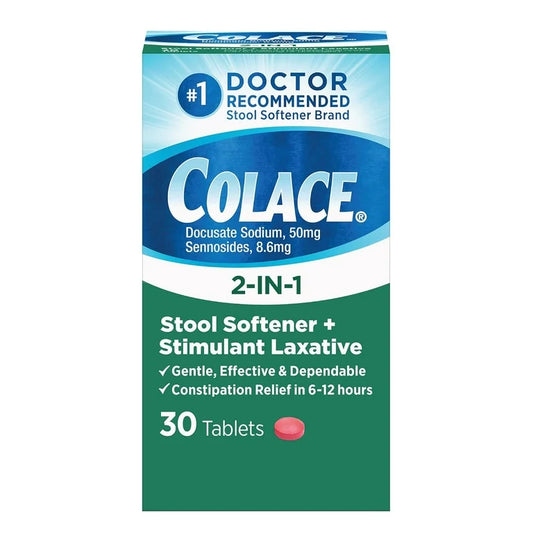 Colace 2-in-1 Stool Softener with Stimulant Laxative | Ducosate Sodium 50mg, Sennosodes 8.6mg | For Adults & Children above 2 Years Old | 30 Tablets; Exp 06/2027