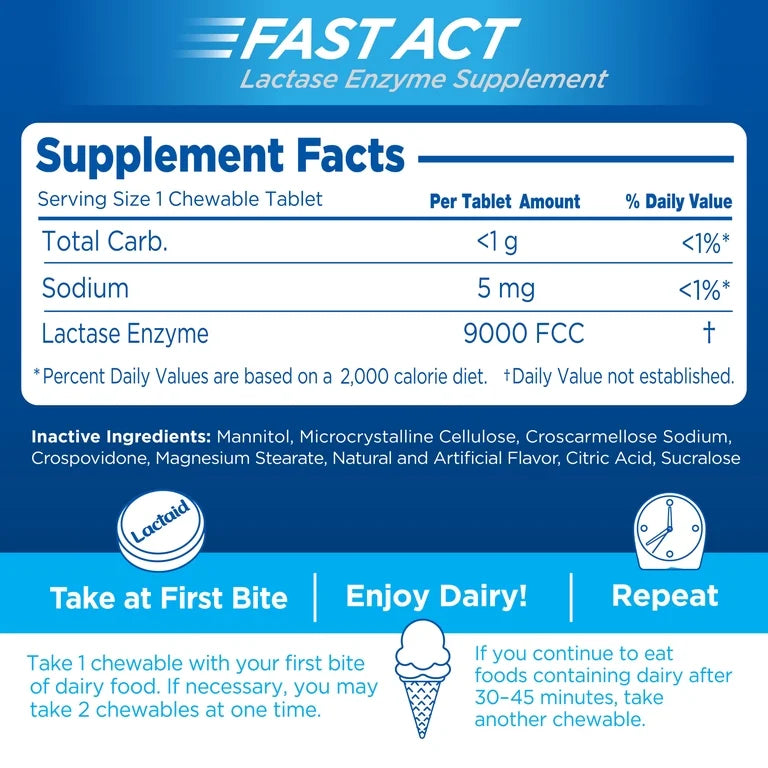Lactaid Fast Act Lactase Enzymes | For The Prevention of Gas, Bloating, & Diarrhea Associated with Digesting Dairy | Vanilla Twist Flavor ~ 32 Chewable Tablets; Exp 11/2028