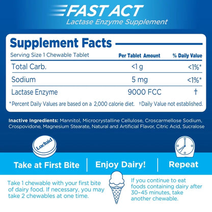 Lactaid Fast Act Lactase Enzymes | For The Prevention of Gas, Bloating, & Diarrhea Associated with Digesting Dairy | Vanilla Twist Flavor ~ 32 Chewable Tablets; Exp 11/2028