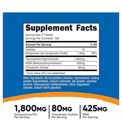 Nutricost Glucosamine 1800mg with Chondroitin & MSM | Promotes Normal Joint Mobility & Comfort | 240 Tablets; Exp 03/2029