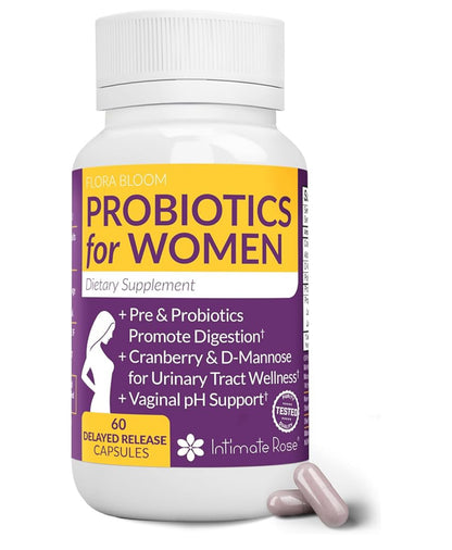 Intimate Rose Flora Bloom Probiotics for Women | with Cranberry & D-Mannose | Urinary Tract Wellness | Vagina pH Support | 60 Capsules; Exp 03/2026