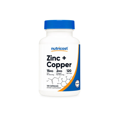 Nutricost Zinc + Copper | Supports the Immune System | Essential Minerals | 15mg of Zinc Gluconate & 2mg of Copper Bisglycinate | 120 Capsules; Exp 11/2028