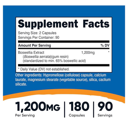 Nutricost Boswellia Extract 1,200mg (Frankincense) | Supports Joint Integrity, Movement & Flexibility | 65% Boswellic Acid | For Joint Health & Mobility | 180 Capsules; Exp 02/2028