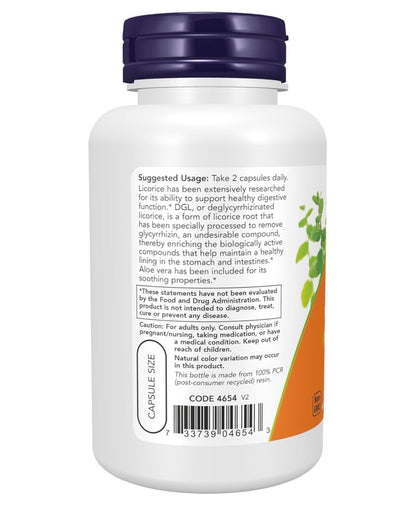 NOW DGL 400mg with Aloe Vera | Deglycyrrhizinated Licorice | Digestive System Support | 100 Capsules; Exp 05/2029
