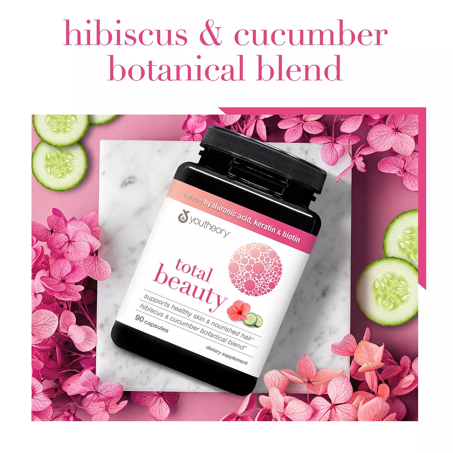 Youtheory Total Beauty Hyaluronic Acid, Collagen Peptides, Keratin & Biotin | 45 Day Supply | with Vitamin B6, Niacinamide, Pantothenic Acid | Supports Healthy Skin & Nourished Hair | 90 Capsules; Exp 10/2025