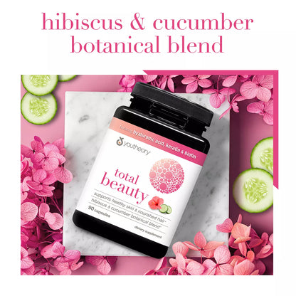 Youtheory Total Beauty Hyaluronic Acid, Collagen Peptides, Keratin & Biotin | 45 Day Supply | with Vitamin B6, Niacinamide, Pantothenic Acid | Supports Healthy Skin & Nourished Hair | 90 Capsules; Exp 10/2025