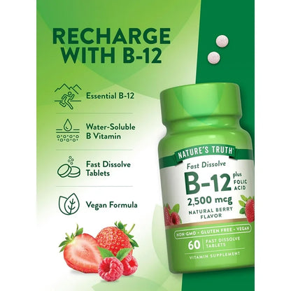 Nature's Truth Vitamin B-12 plus Folic Acid | Cyanocobalamin B12 2,500mcg & Folate 666 mcg DFE | 60 Chewable Tablets; Exp 01/2027