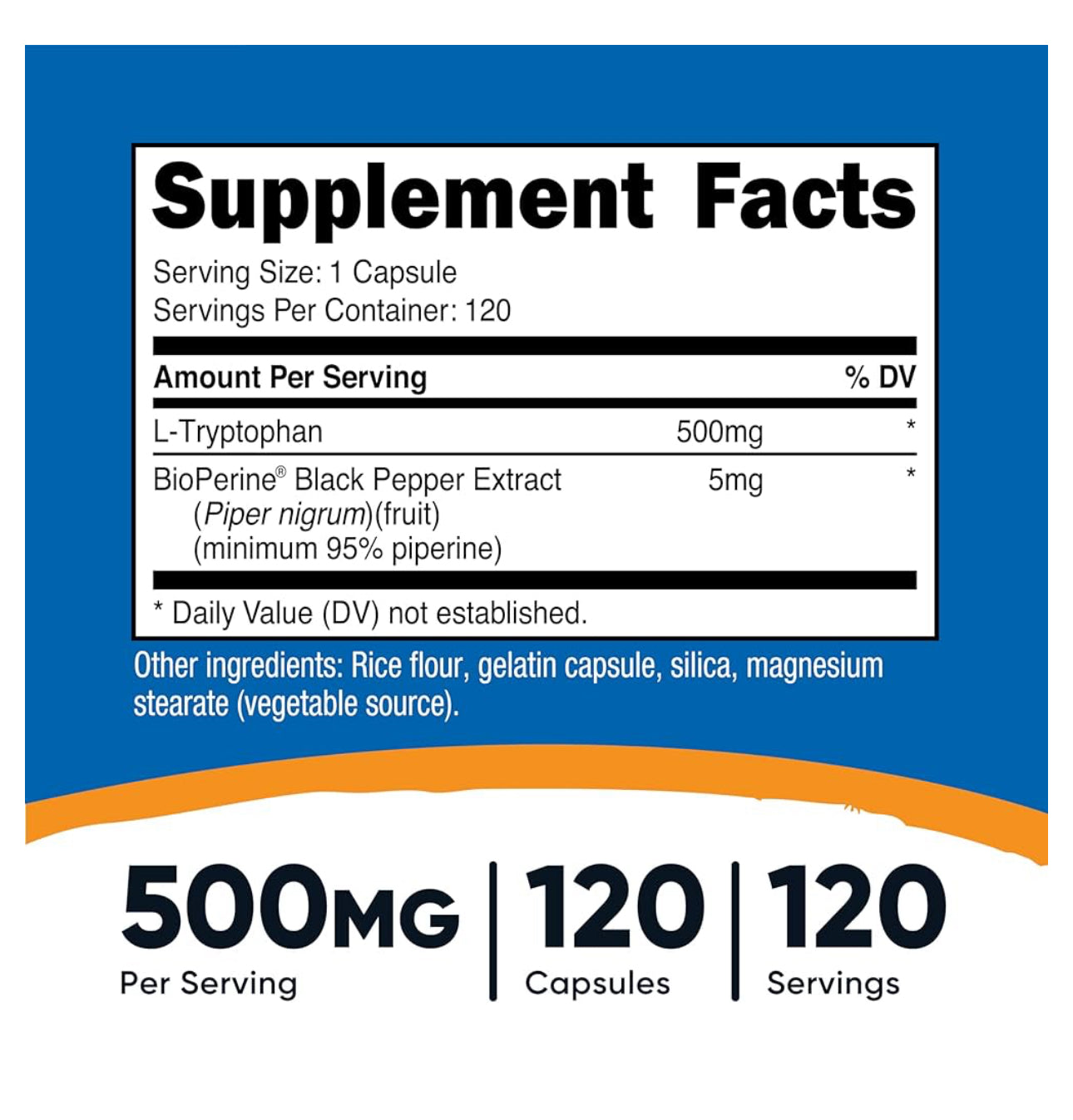 Nutricost L-Tryptophan 500mg + BioPerine for Enhanced Absorption | Critical for the Production of Serotonin & Melatonin | Encourages Positive Mood, Promotes Restful Sleep & Relaxation | 120 Capsules; Exp 04/2028