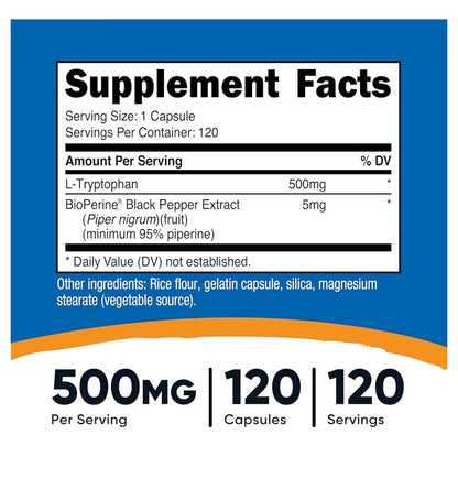 Nutricost L-Tryptophan 500mg + BioPerine for Enhanced Absorption | Critical for the Production of Serotonin & Melatonin | Encourages Positive Mood, Promotes Restful Sleep & Relaxation | 120 Capsules; Exp 04/2028