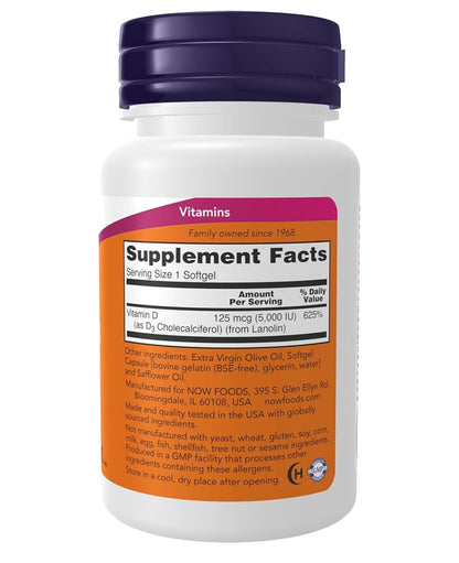 NOW Vitamin D3 5000 IU (125mcg) | Immune and Hormonal Support | 120 Softgels; Exp 04/2029