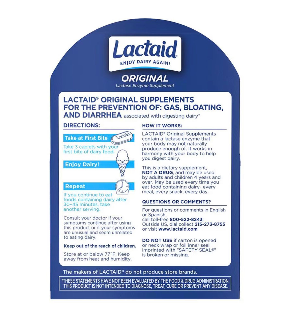 Lactaid Original Strength Lactase Enzyme | 9000 FCC Lactase Enzyme/Serving | 40 Servings | Prevents Gas, Bloating & Diarrhea Associated with Lactose Intolerance | Suitable for Adults & Children, Ages 4 & up
120 Caplets; Exp 02/2028