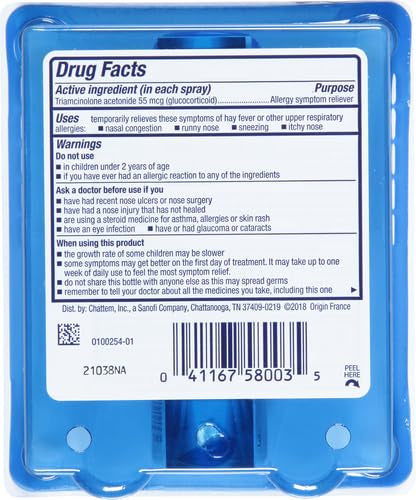 Nasacort 24HR Allergy Nasal Spray for Adults | Triamcinolone Acetone (Glucocorticoid) 55mcg | Non-drowsy & Alcohol-Free, 60 Sprays, 0.37 fl.oz. Exp 10/2025