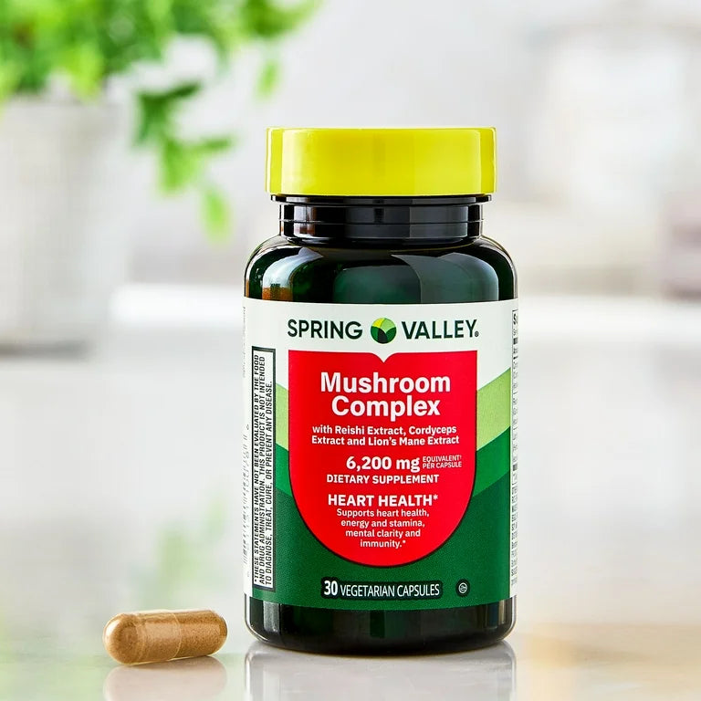 Spring Valley Mushroom Complex 6200 mg | Cordyceps, Reishi & Lion’s Mane Mushroom Extracts | Cognitive Support | Supports Heart Health, Energy, Stamina & Immune Function | Promotes Mental Clarity | 30 Capsules; Exp 01/2028