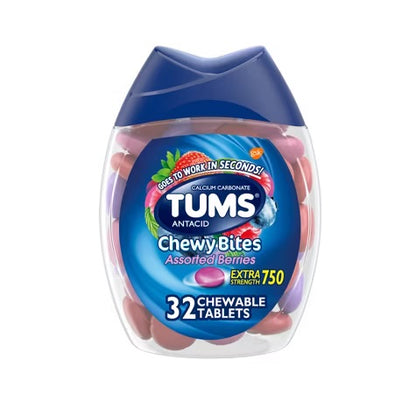 TUMS Chewy Bites Antacid | Extra Strength Calcium Carbonate 750mg | Heartburn & Acid Indigestion Relief | Assorted Berries Flavor ~ 32 Chewable Tablets; 11/2027