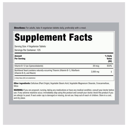 PipingRock Nutritional Yeast 2000mg Fortified with Vitamin B12 | Naturally Contains Thiamin (Vitamin B-1), Riboflavin (Vitamin B-2) & Niacin | 500 Tablets; Exp 08/2027