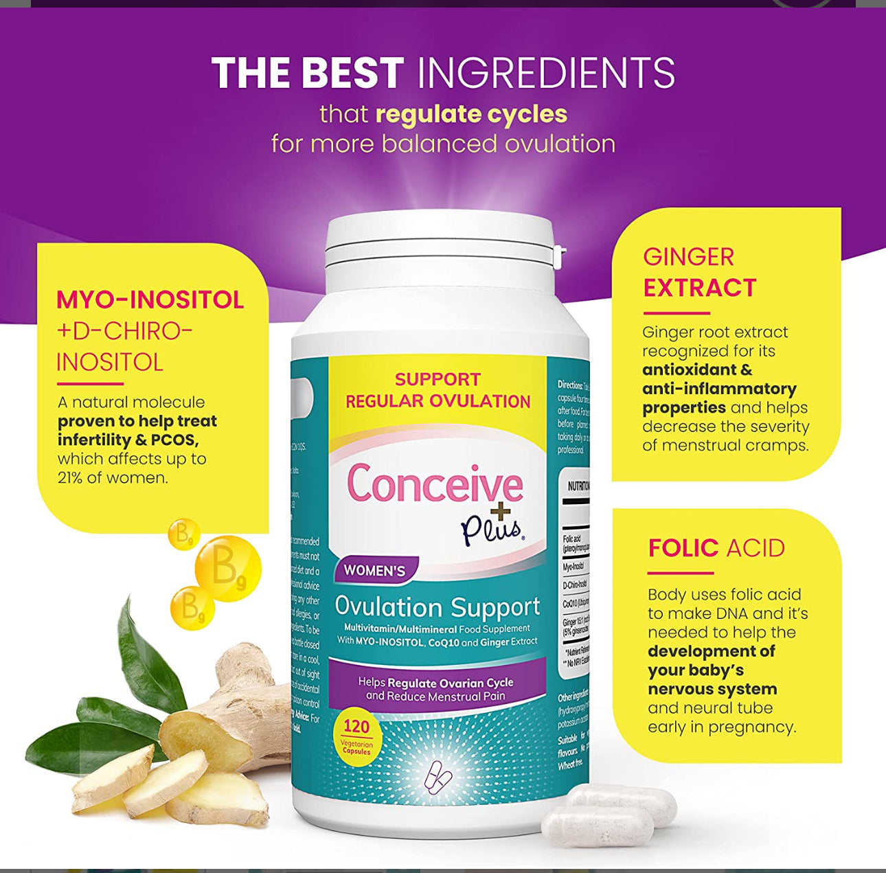 CONCEIVE PLUS Ovulation Support | With Myo-Inositol & D-Chiro, COQ10 (Ubiquinone), Folic Acid, Ginger | Supports Healthy Ovulation & Cycle Regulation | Improves Egg Quality | Hormone Balance Support for Women | 120 Capsules; Exp 10/2027