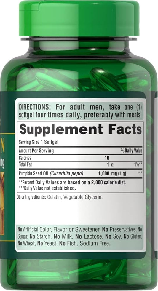 Puritan’s Pride Pumpkin Seed Oil 1000 mg | Supports Prostate & Urinary Health | Nourishment for Skin & Hair | Cold Pressed | 100 Softgels; Exp 04/2028