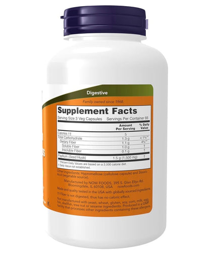 NOW Psyllium Husk Caps 500mg | Natural Soluble Fibre | Promotes Intestinal Health | 200 Capsules; Exp 06/2030