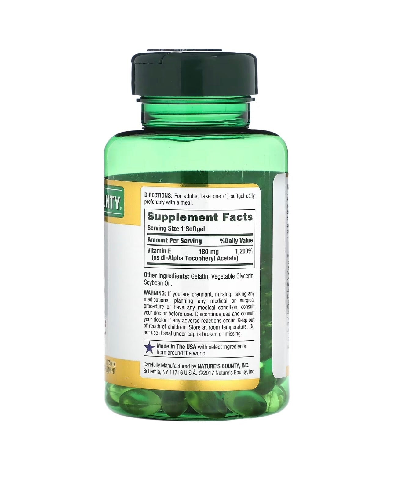 Nature's Bounty Vitamin E 180mg (400iu) Pure dl-Alpha Tocopheryl Acetate | Supports Immune & Antioxidant Health | Anti-Inflammatory | 120 Rapid Release Softgels; Exp 01/2029