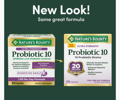 Nature’s Bounty Probiotic 10, Ultra Strength | 20 Billion Live Probiotic Cultures, 10 Strains | Support for Digestive, Immune and Upper Respiratory Health | 30 Capsules Exp 05/2026