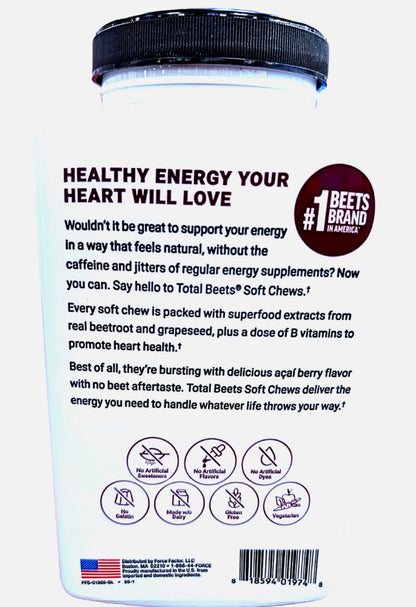 Force Factor Total Beets Soft Chews with Beetroot, Nitrates, L-Citrulline, Grapeseed Extract, & Antioxidants | Supports Heart Health Energy, Metabolism | Superfood | Açai Berry Flavor ~ 90 Soft Chews; Exp 03/2028