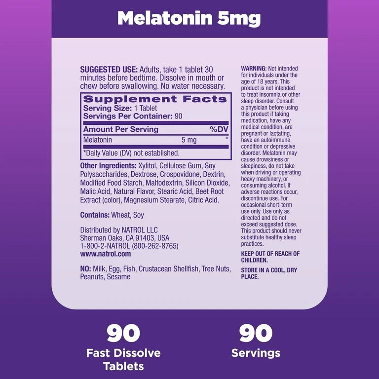 Natrol Fast Dissolve Melatonin 5 mg | Nighttime Sleep Aid for Adults | 90-Day Supply | Strawberry & Other Natural Flavors, 90 Tablets, Exp 03/2026