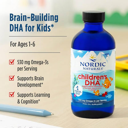 Nordic Naturals Children’s DHA | 530 mg Omega-3 with EPA & DHA | For Kids Brain Development & Function | Supports Learning & Cognition | 48 Servings | Kid-Friendly Taste | Strawberry Flavor~4 oz/119ml; Exp 08/2028