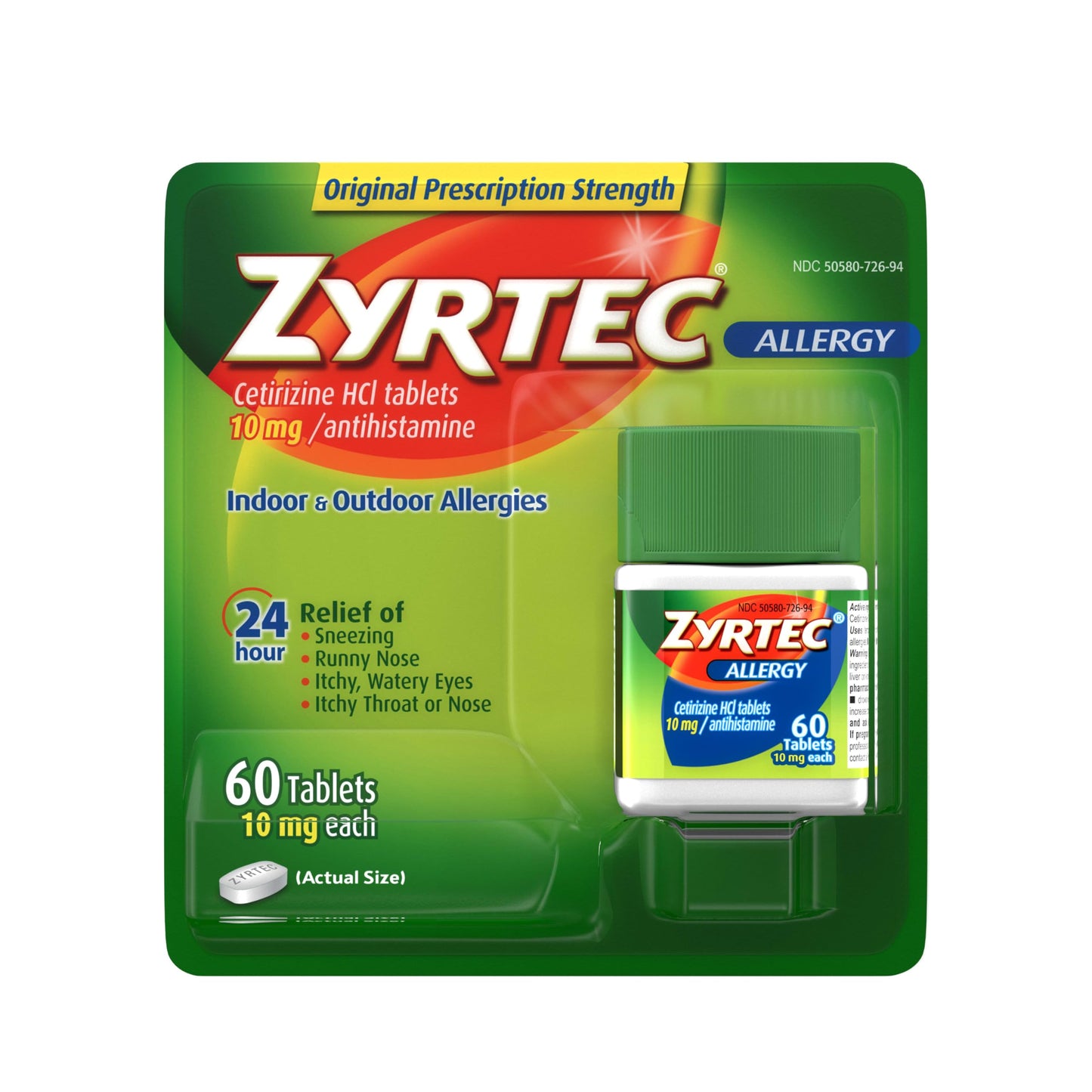 Zyrtec 24 Hour Allergy Relief Tablets | For Indoor & Outdoor Allergy | 10mg Cetirizine HCl per Antihistamine Tablet | Relief from Runny Nose, Sneezing, Itchy Eyes & More | 60 Tablets Exp 03/2027