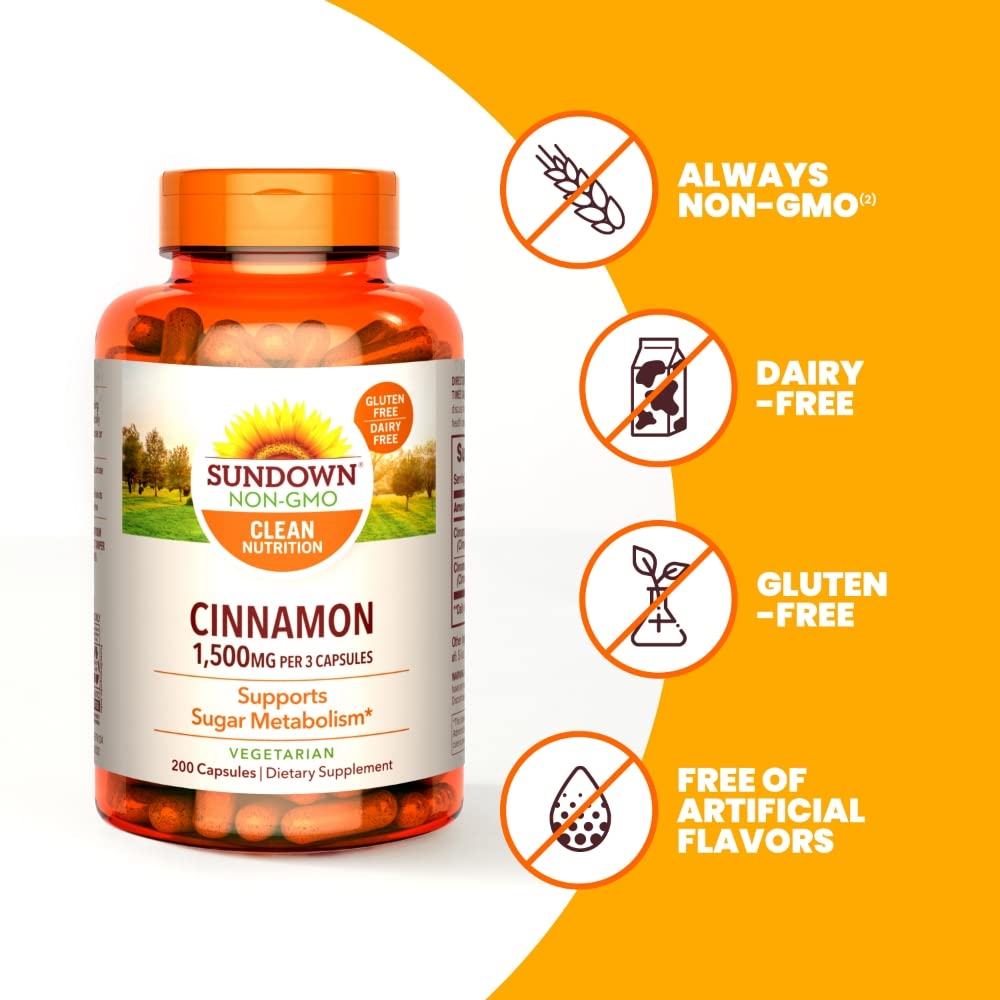 Sundown Cinnamon 1500mg | 3 Month Supply | Supports Sugar Metabolism | 200 Capsules, Exp 08/2025