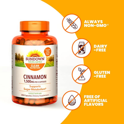 Sundown Cinnamon 1500mg | 3 Month Supply | Supports Sugar Metabolism | 200 Capsules, Exp 08/2025