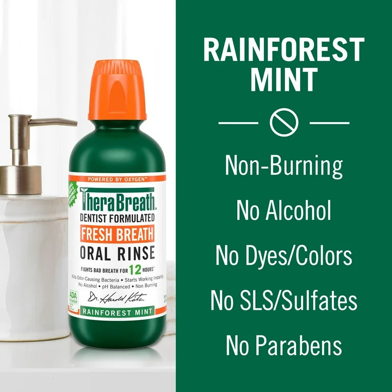 TheraBreath Fresh Breath Mouth Rinse | Alcohol-Free Mouthwash for Adults | Rainforest Mint 16oz/473ml; Exp 12/2027