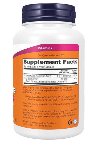 NOW C-1000 & Zinc Immune |Antioxidant Protection | Vitamin C 1000mg & Zinc Bisglycinate 15mg | 90 Capsules; Exp 04/2030