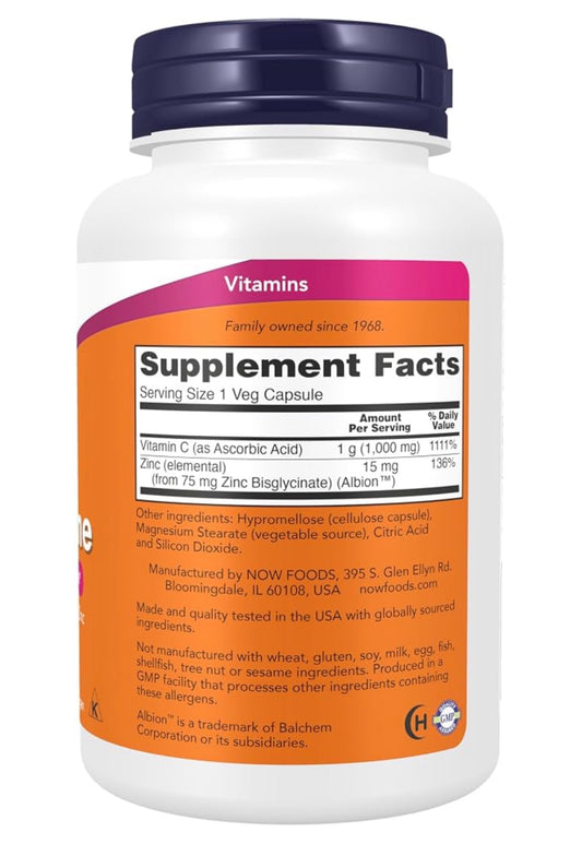 NOW C-1000 & Zinc Immune |Antioxidant Protection | Vitamin C 1000mg & Zinc Bisglycinate 15mg | 90 Capsules; Exp 04/2030