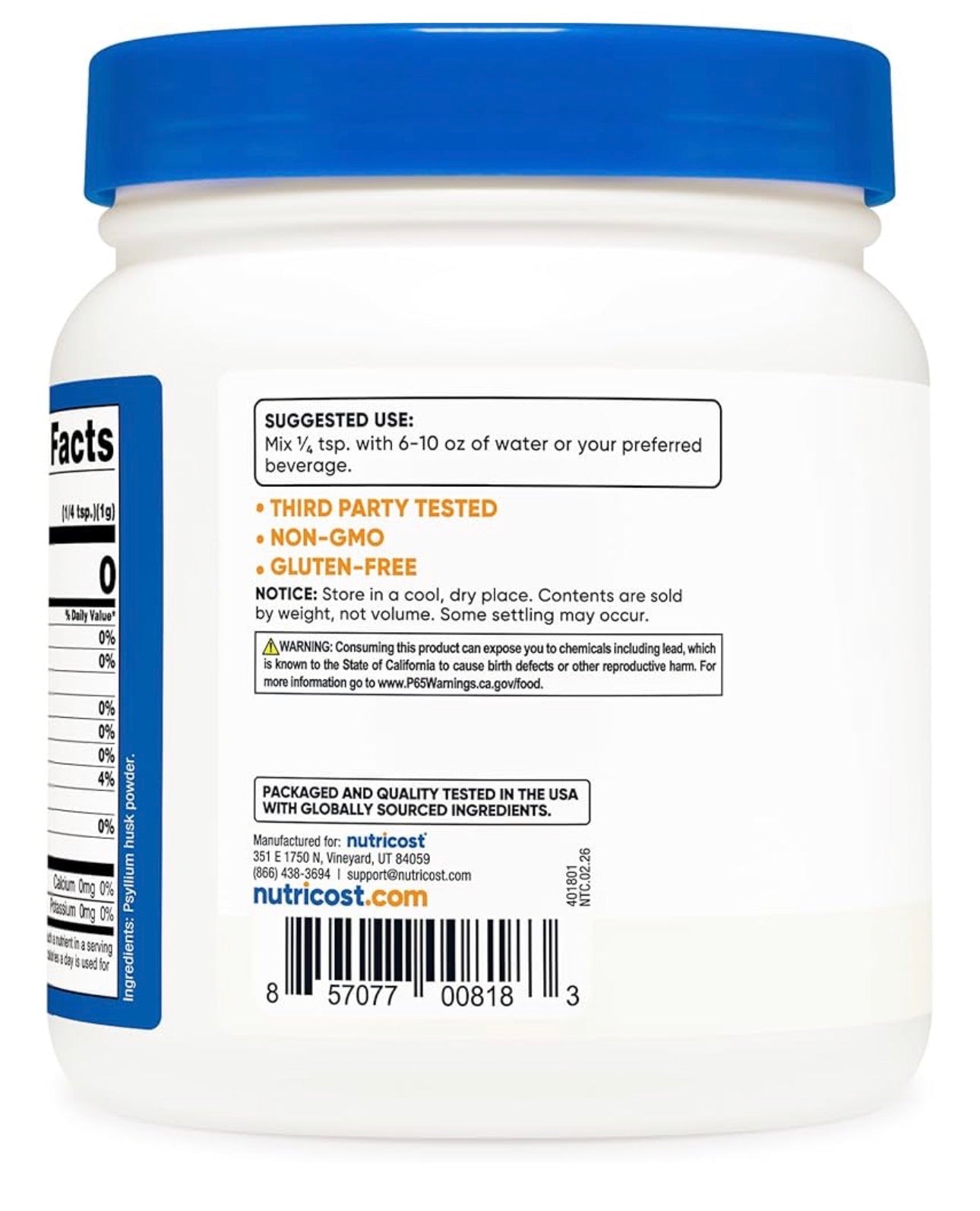 Nutricost Pure Psyllium Powder | Soluble Fibre | Natural Fiber Supplement | Appetite Management | Promotes Regularity & Helps Support Normal Bowel Elimination | 1 lb/454g; Exp 01/2029