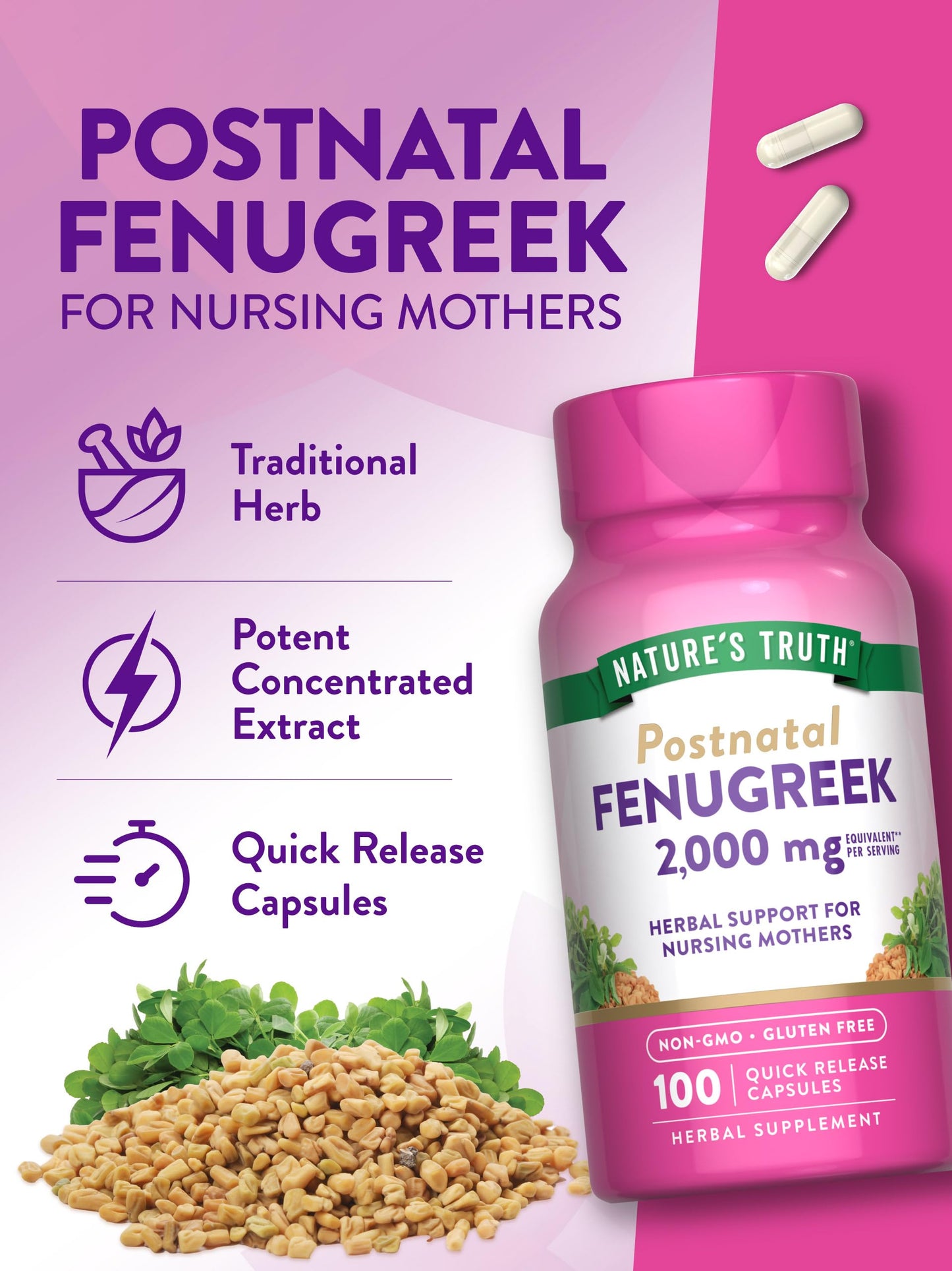 Nature's Truth Fenugreek Seed for Women | 2000mg | 100 Quick Release Capsules Exp 07/2026