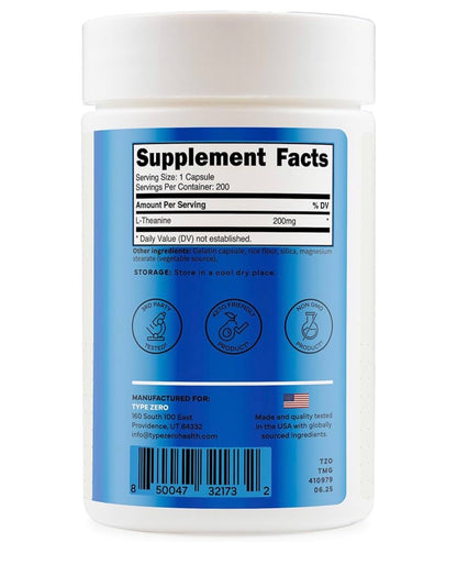 TypeZero L-Theanine 200mg Double Strength | Reduces Stress & Anxiety | Improves Sleep Quality & Mental Focus | 200 Capsules; Exp 07/2028