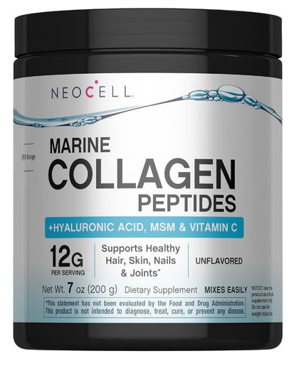 Neocell Marine Collagen Powder with Hyaluronic Acid, MSM and Vitamin C |  For Skin Care & Joint Health |Unflavored ~ 7oz/200g; Exp 04/2029 (New Look)