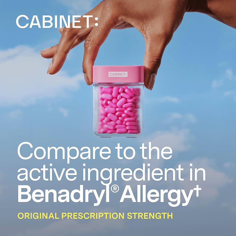 Cabinet: Diphenhydramine 25mg Allergy Relief Antihistamine Tablets | for Allergies, Hay Fever and Runny Nose | (Refillable Glass Bottle) 120 Tablets; Exp 11/2025