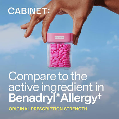 Cabinet: Diphenhydramine 25mg Allergy Relief Antihistamine Tablets | for Allergies, Hay Fever and Runny Nose | (Refillable Glass Bottle) 120 Tablets; Exp 11/2025