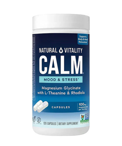 Natural Vitality CALM Mood and Stress | Magnesium Glycinate with L-Theanine & Rhodiola | Supports Body & Mind Relaxation | 120 Capsules; Exp 07/2026